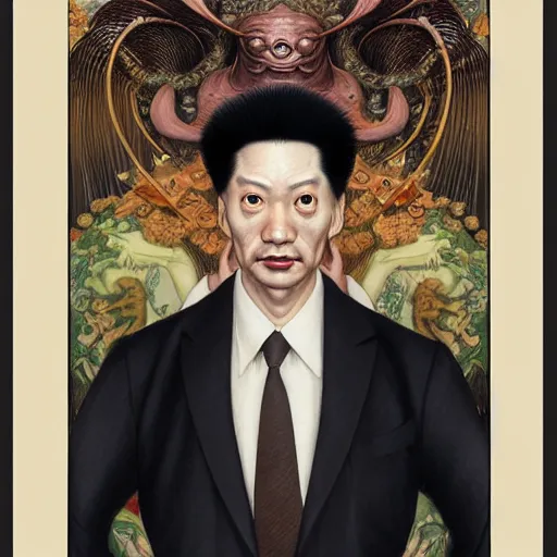 Prompt: hyper realistic traditional chinese illustration of a businessman in the style of austin osman spare, wayne barlowe, gustav moreau, goward, bussiere and roberto ferri, santiago caruso, bouguereau, klimt, saturno butto, sorayama and tom bagshaw. occult art - h 7 0 8