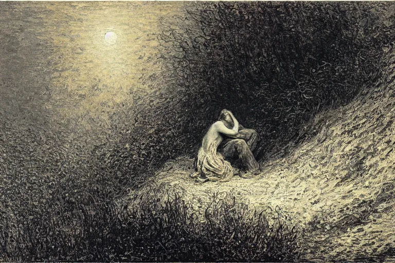 Prompt: fear in the hears of man by gustave dore by claude monet