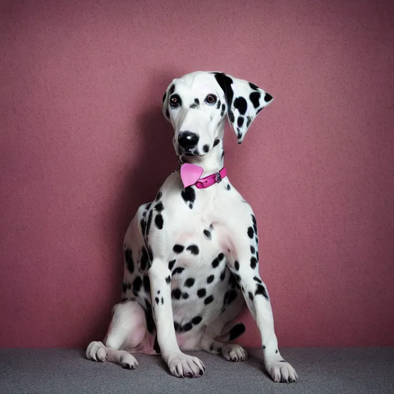 Prompt: vogue photoshoot octane render of dalmatian dog with white background, focus bright colorful pastel exotic vintage boutique hotel lounge, very short depth of field, bokeh