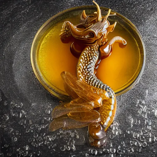 Prompt: a dragon made of honey, in an apothecary. the dragon is transparent. you can see light shining through the wings. honey is dripping everywhere. sigma 85mm f11, rim light, studio lighting, 8k