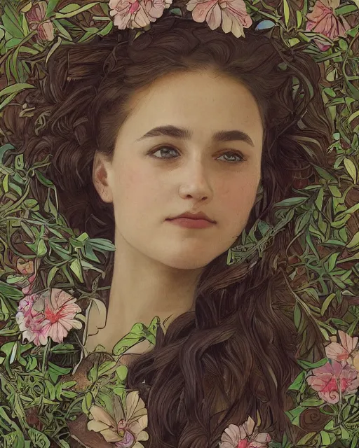 Image similar to a beautiful, detailed close - up smooth comics cover painting portrait of 1 4 - year old emma alicia vikander with open mouth staring in wonder, shy, blushing, tilted head, wearing an oversize sweater by joshua middleton, bouguereau, and alphonse mucha