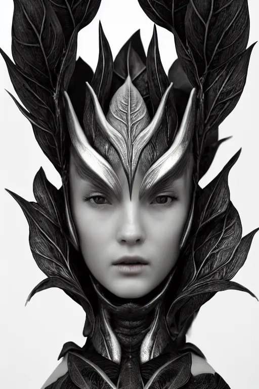 Image similar to bw close - up profile face, black background, beautiful young porcelain vegetal - dragon - cyborg - female, 1 5 0 mm, beautiful natural soft rim light, silver gold details, magnolia leaves and stems, roots, mandelbot fractal, elegant, hyper real, ultra detailed, white metallic armour, octane render, 1 6 k