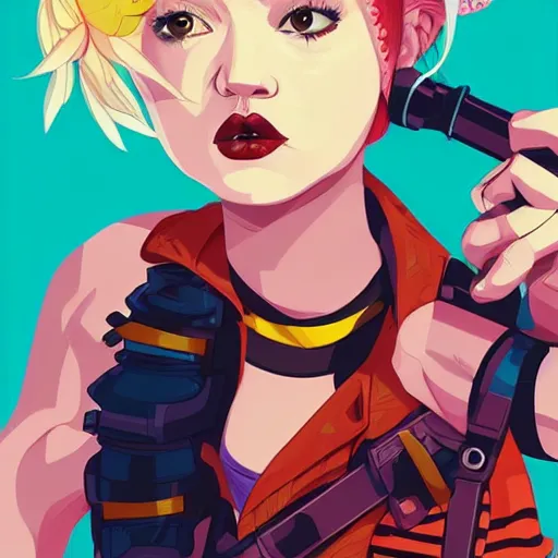 Image similar to julia garner as tank girl as harley quinn as delirium of the endless, the sandman, clean cel shaded vector art. shutterstock. behance hd by lois van baarle, artgerm, helen huang, by makoto shinkai and ilya kuvshinov, rossdraws, illustration