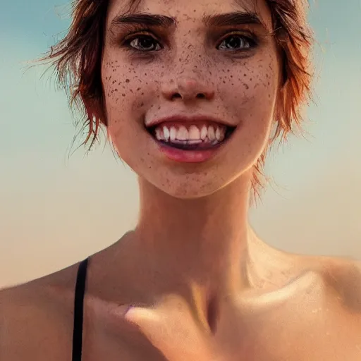 Image similar to beautiful serene intricate portrait of a cute thin young woman, red blush, cute freckles, smug smile, modern clothes, relaxing on the beach, golden hour, close up shot, soft focus, 8 k, art by irakli nadar, hyperrealism, hyperdetailed, ultra realistic