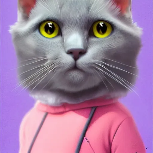 Image similar to head and shoulders masterpiece portrait of a cute adorable gray cat wearing a pink spacesuit, surreal background, digital art by krenz cushart, trending on artstation, cgsociety,