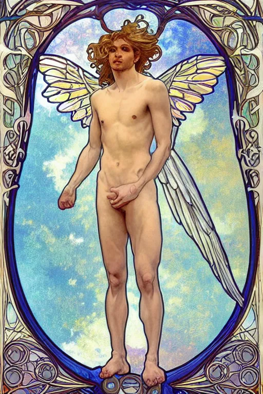 Image similar to full figure art nouveau window depicting a young fit male angel with curly blond hairs, dressed with fluent clothes, majestic wings, luminous halo, by alfons mucha, d & d character, gradient white to gold, in front of an iridescent background, highly detailed portrait, digital painting, artstation, concept art, smooth, sharp focus, illustration, artstation hq