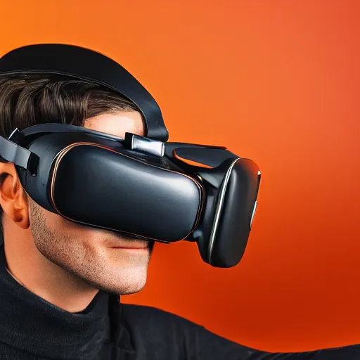 Prompt: award winning product photography, 3 5 mm lens, of a glossy orange metallic and shiny purple metallic shiny ergonomic virtual reality headset as off a 1 9 3 6 bugatti type 5 7, studio lighting,