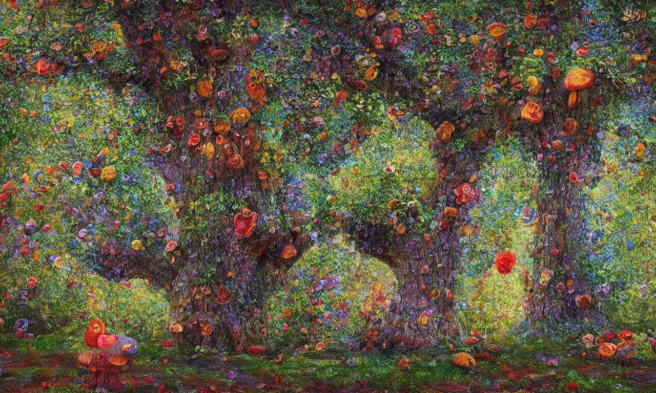 Image similar to Tree with the texture of a mushroom with an etched heart etched heart with texture of gummy bear mushroom skin texture gummy bear texture heart high definition HD 3d realistic dreamy visual poem of Oak Tree with texture of a mushroom in the art style of Victor Nizovtsev and Peter Paul Rubens