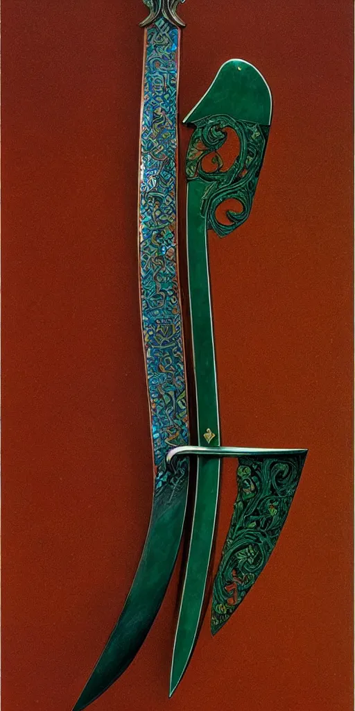 Image similar to a curved sword in the style of zdzisław beksinski, elegant, copper and emerald inlay, brilliant