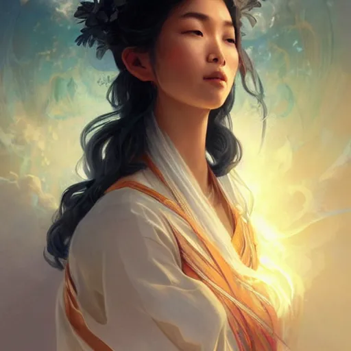 Image similar to An Asian wind goddess, portrait, highly detailed, digital painting, artstation, concept art, sharp focus, illustration, cinematic lighting, art by artgerm and greg rutkowski and alphonse mucha