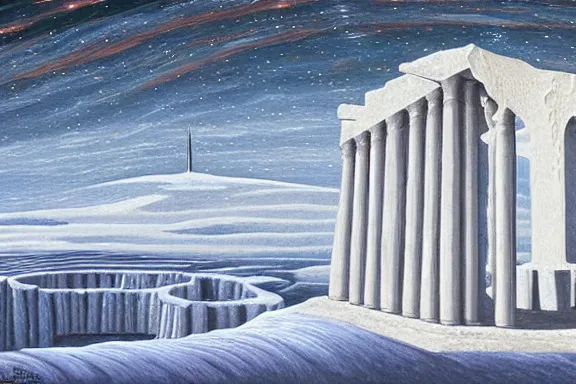 Image similar to the temple of truth is white, whole, holy and beautiful, but is surrounded by a crater of ruin and desolation. it's spire reaches up to the heavens and is topped with a gold statue. | painting by rob gonsalves. intricate detail. stark contrast. landscape painting