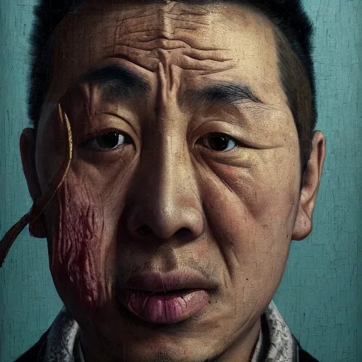 Image similar to photorealistic face portrait of chinese uyghur muslim prisoner, paint, wearing victorian rags, elite, disfigured, drooling, moist, unnatural movement, they are unhappy, bizzaro, renaissance, by emedios varo and anato finnstark and fenghua zhong and giacometti, hyperrealism, 8 k, 3 d, masterpiece, texture