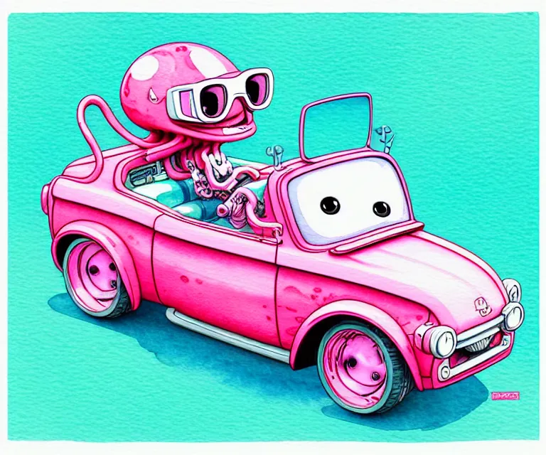 Image similar to cute and funny, pink colored squid wearing goggles riding in a tiny hot rod with oversized engine, ratfink style by ed roth, centered award winning watercolor pen illustration, isometric illustration by chihiro iwasaki, edited by range murata, tiny details by artgerm and watercolor girl, symmetrically isometrically centered