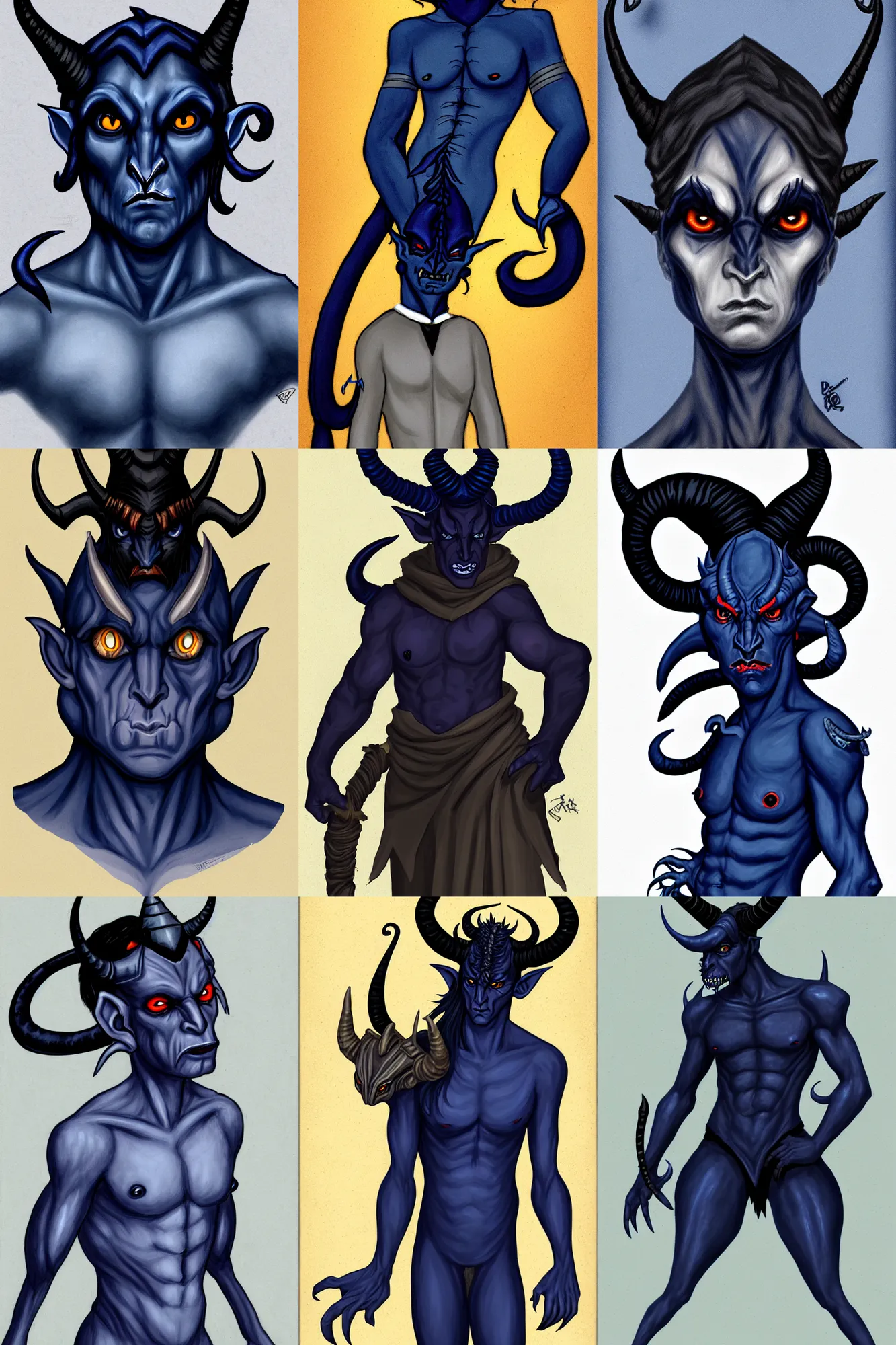 Prompt: sad dark blue tiefling with horns and dark hair and pitch black hollow eyes by Greg Rutkowsi