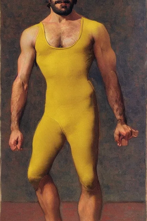 Image similar to persian wrestler man in golden leotard, by j. c. leyendecker