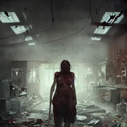 Image similar to butcher angry bloody horror zombie, detailled portrait, indoors dilapidated butchery interior, atmospheric lighting, volumetric lighting, grimdark, daytime, sharp focus, deep colours, ultra intricate detailed, octane render, unreal engine, by leesha hannigan, ross tran, thierry doizon, kai carpenter, ignacio fernandez rios