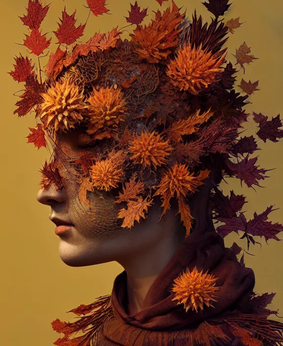 Image similar to 3 d goddess close - up profile portrait of a beautiful intricately detailed autumn mask, fall leaves, thistles, phoenix, dried plants, foxes, wind, creature, artwork by tooth wu and wlop and beeple and greg rutkowski