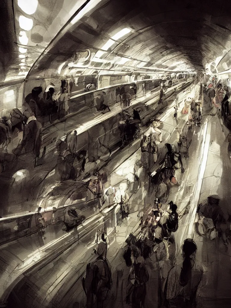 Image similar to riding the subway, by disney concept artists, blunt borders, rule of thirds, beautiful light