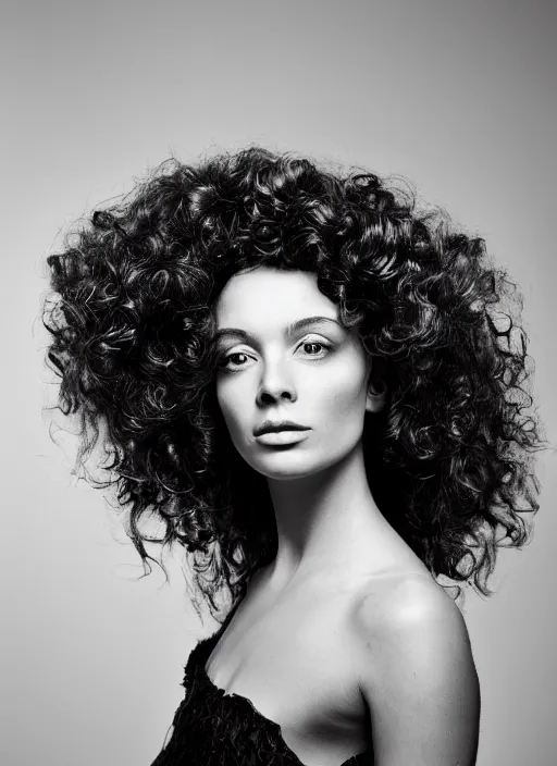 Prompt: a portrait of a beautiful woman by justin ridler, beautiful, elegant, big curly hair,