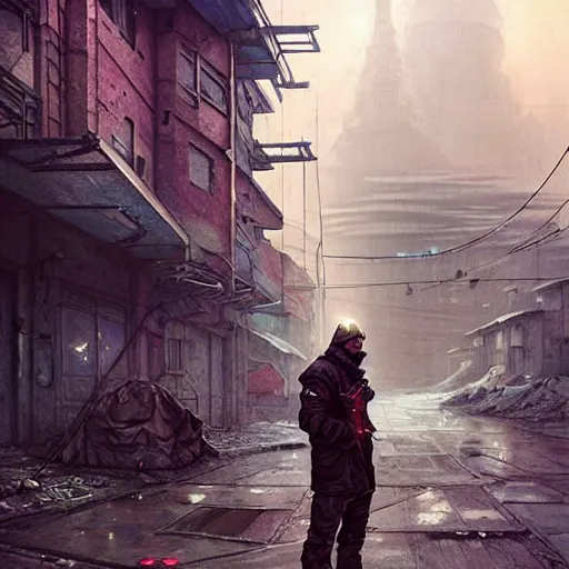 Prompt: A cyberpunk gopnik on the street of a Soviet slum on the moon, Norilsk, sci-fi, fantasy, intricate, very very beautiful, elegant, highly detailed, digital painting, artstation, concept art, smooth, sharp focus, illustration, art by artgerm and greg rutkowski and alphonse mucha