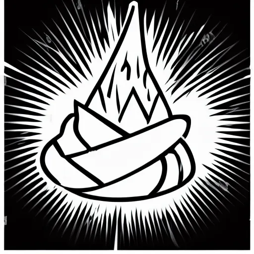 Image similar to mage pointy hat, tip on fire vector art, logo, minimalistic, black and white, clear lines, white background, no watermarks