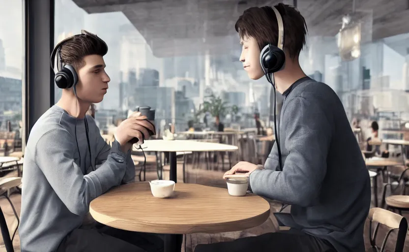 Image similar to a male teenager with headphones in a cafe sitting in front of a table with a coffee, digital painting, masterpiece, digital art, concept art, octane render, unreal engine 5, trending on deviantart, highly detailed, high quality, 4 k, cartoon, high coherence, realistic, anatomically correct, five fingers, relaxing, realistic and detailed face, beautiful, elegant