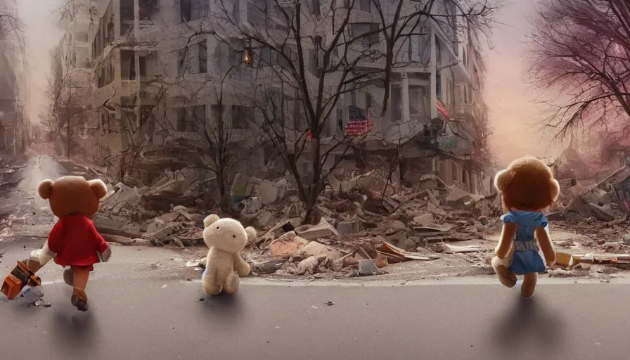 Image similar to back view of little girl and her teddy bear crossing destroyed washington dc's streets, debris, collapsed buildings, cloudy day, hyperdetailed, artstation, cgsociety, 8 k