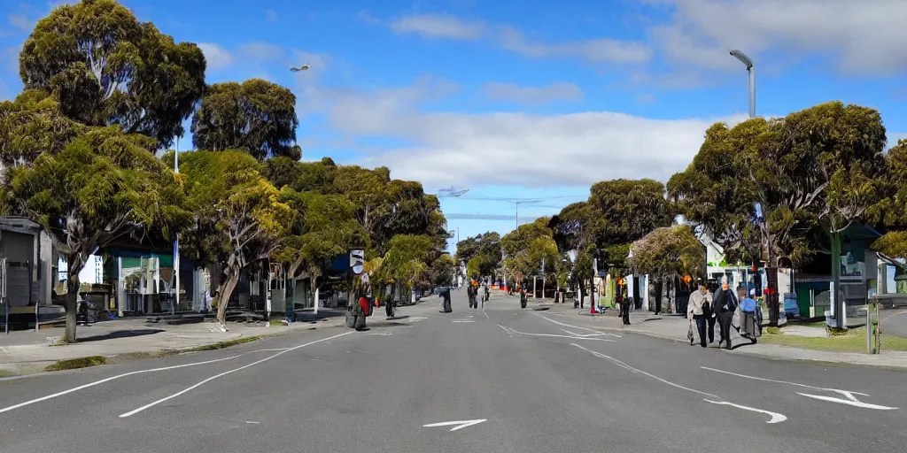 Prompt: a street in a new zealand city where the roads have been replaced by wetlands filled with flowering new zealand flax. tui birds drink nectar. google street view. very windy day. people walking on the footpath