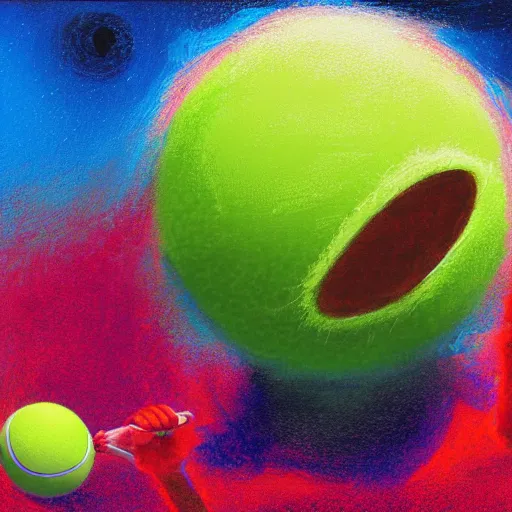 Prompt: a tennis ball monster ,tennis ball, spacetime, chalk, digital art, fantasy, magic, trending on artstation, ultra detailed, professional illustration by Basil Gogos