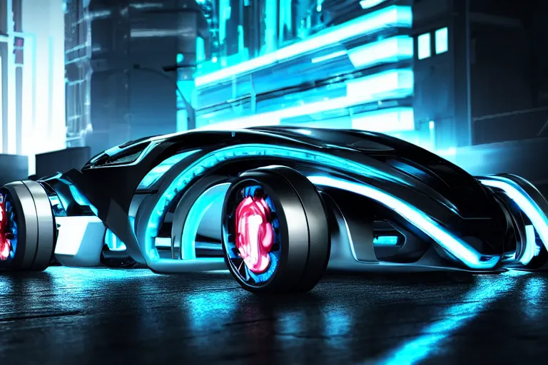 Image similar to cyberpunk tron concept inspired car, futuristic look, highly detailed body, very expensive, photorealistic camera shot, bright studio setting, studio lighting, crisp quality and light reflections, unreal engine 5 quality render