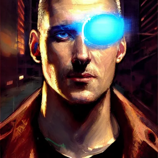 Image similar to cyberpunk, armitage, closeup portrait of a stoic ex soldier with a battlescar and light blue eyes, brown buzzcut, cyborg, dramatic light, city background, sunset, dystopian setting, high contrast, sharp, neuromancer, painted by stanley lau, painted by greg rutkowski, painted by stanley artgerm, digital art, trending on artstation