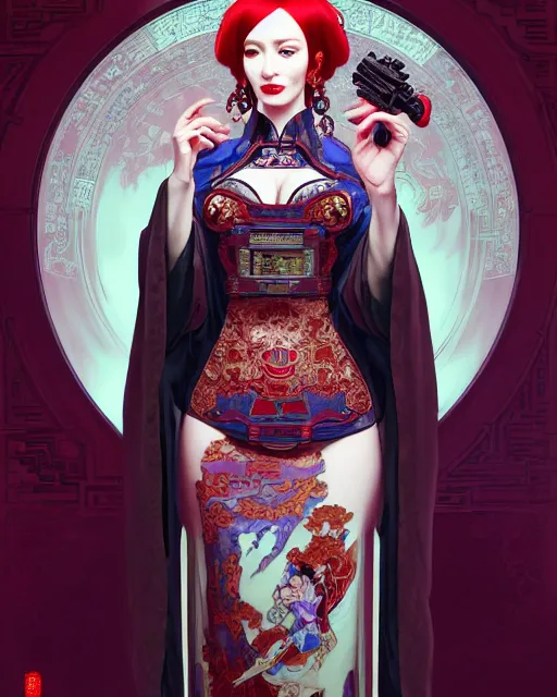 Prompt: portrait of christina hendricks cyberpunk machine, machine face, robed, upper half portrait, decorated with chinese opera motifs, regal, fine china, wuxia, traditional chinese art intricate intense elegant 京 剧 highly detailed digital painting artstation concept art smooth sharp focus illustration, art by artgerm and greg rutkowski alphonse mucha 8 k