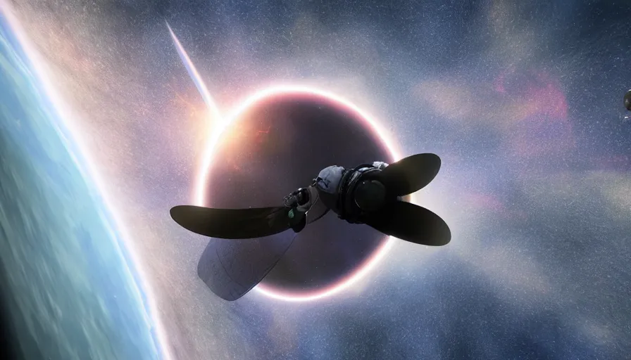 Image similar to pov of astronaut, flying into black hole, concept art, rendering, photorealism, volumetric lighting, movie still