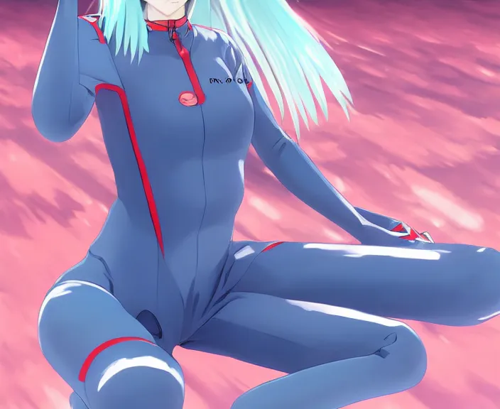 Image similar to anime art, fullbody shot of female rei ayanami, evangelion, long blue hair and large eyes, finely detailed perfect face, in a pale skintight plugsuit, sitting on rooftop, flooded city, trending on pixiv fanbox, by ilya kuvshinov, sola digital arts,, raytracing