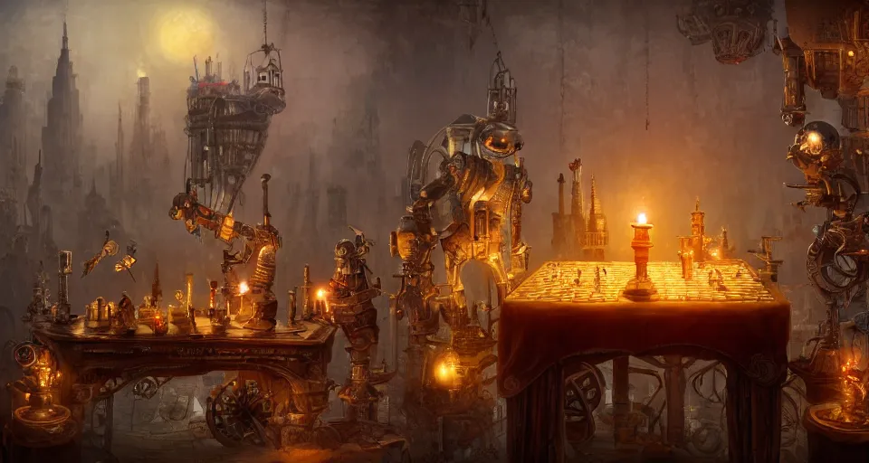 Image similar to a beautiful tapestry of a dream, a small robot playing 3 d chess, ultra detailed, cityscae, atmospheric, steampunk, moody, candles, characters from machinarium, by don bluth, trending on artstation, octane render, 8 k, ultra realistic