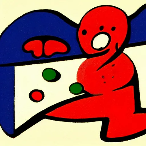 Image similar to a logo of a pizzeria with a cute angelical demon by joan miro