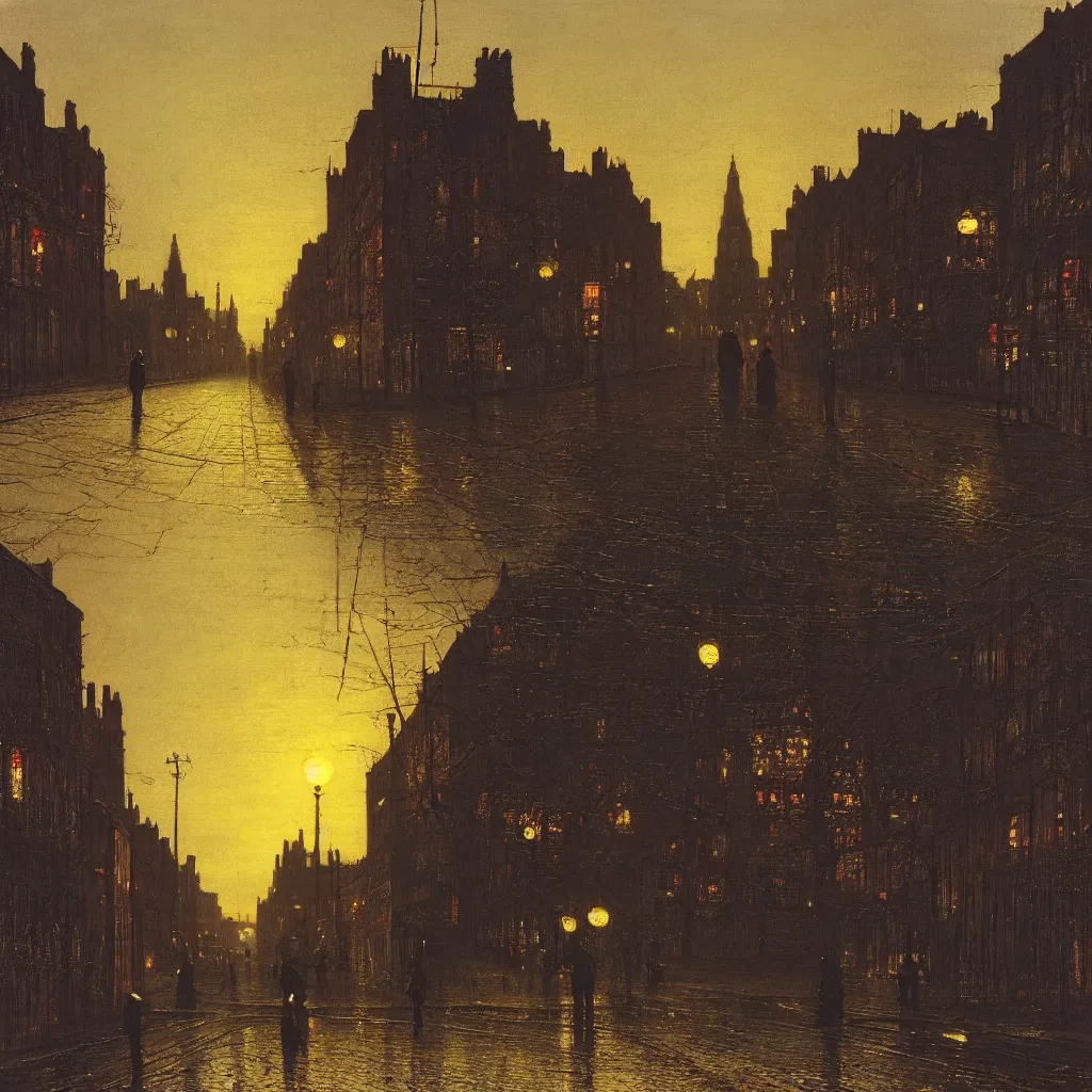 Image similar to street at sunset, highly detailed, 8K, by Atkinson Grimshaw John