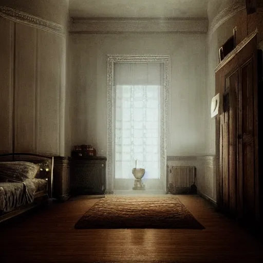 Prompt: a deceivingly calm and innocent room, filled with people feigning innocence, atmosphere of deceit, distrust, mistrust, suspicion, on edge, suspense, mystery