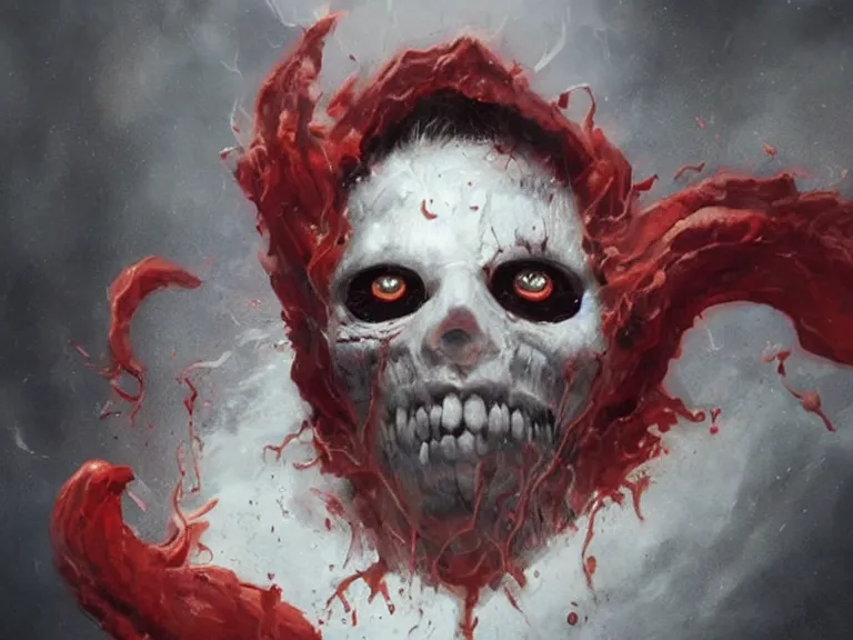 Prompt: painting by greg rutkowski of a flying human head with tears running down it's face face that is chalk white in color, with white!! tentacles coming down through the neck, fiery scorching red eyes, flying in a terrying hell like cavernous place