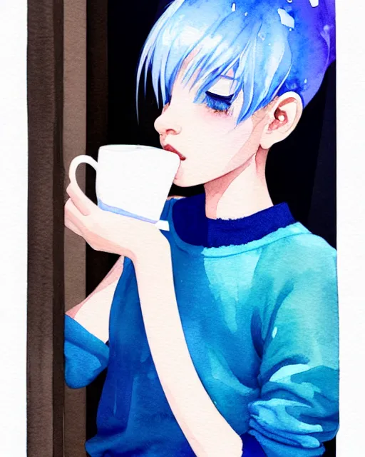 Prompt: watercolor painting of a pretty girl with Blue hair, wearing an oversized sweater, sitting by a windowsill, night, holding a mug of hot tea. In the style of ilya kuvshinov, dramatic lighting, fantasy, intricate, elegant, highly detailed, lifelike, photorealistic, digital painting, bokeh, HDR, high resolution, artstation, concept art, smooth, sharp focus, art by Krenz Cushart and Albert Aublet