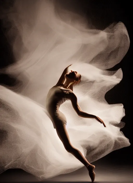 Image similar to a Photorealistic dramatic hyperrealistic render of a glamorous beautiful Female smoke dancer by Ken Brower and Deborah Ory of NYC Dance project,Lois Greenfield,Flowing cloth and smoke,Beautiful dynamic dramatic dark moody lighting,volumetric,shadows,cinematic atmosphere,Octane render,8K