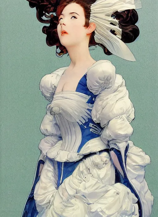 Image similar to a low angle copic maker art nouveau portrait of anime girl detailed features wearing a puffy futuristic wedding dress designed by balenciaga by john berkey, norman rockwell akihiko yoshida