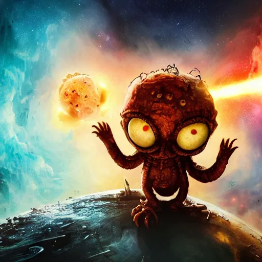 Image similar to one eldritch horror bloody garfield in space, galaxy, hd, 8 k, explosions, gunfire, lasers, giant, epic, realistic photo, unreal engine, stars, prophecy, powerful, cinematic lighting, destroyed planet, debris, movie poster, violent, sinister, ray tracing, dynamic, print, epic composition, dark, horrific, tentacles, teeth