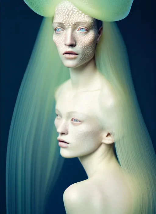 Image similar to Kodak Portra 400, 8K, soft light, volumetric lighting, highly detailed, britt marling style 3/4 , portrait photography of a beautiful woman by Paolo Roversi, face and body merging with jellyfishes, symbolic metamorphosis complex 3d render , 150 mm lens, art nouveau fashion embroidered,bust with intricate underwaters details, elegant, hyper realistic, ultra detailed, octane render, underwater soft colours, emotionally evoking, head in focus, fantasy, elegant, soft light, volumetric lighting, highly detailed, Refined, Highly Detailed, soft pastel lighting colors scheme, fine art photography, Hyper realistic, photo realistic