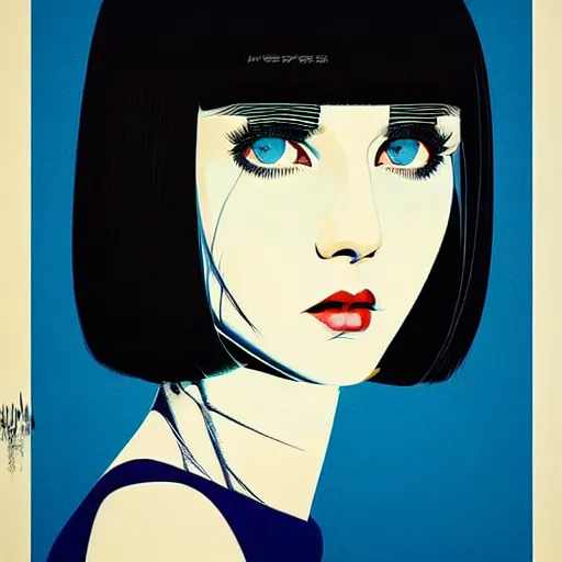 Prompt: woman with dark bobcut haircut with friendly blue eyes and slim features looking happy, underground box office hit, satire, seventies italian horror movie poster, giallo, intricate, ultra detailed 8 k, best, cool, extremely beautiful and aesthetic shape of face and neck, art by hiroaki samura and ilya kuvshinov and rossdraws and andy warhol, inverted