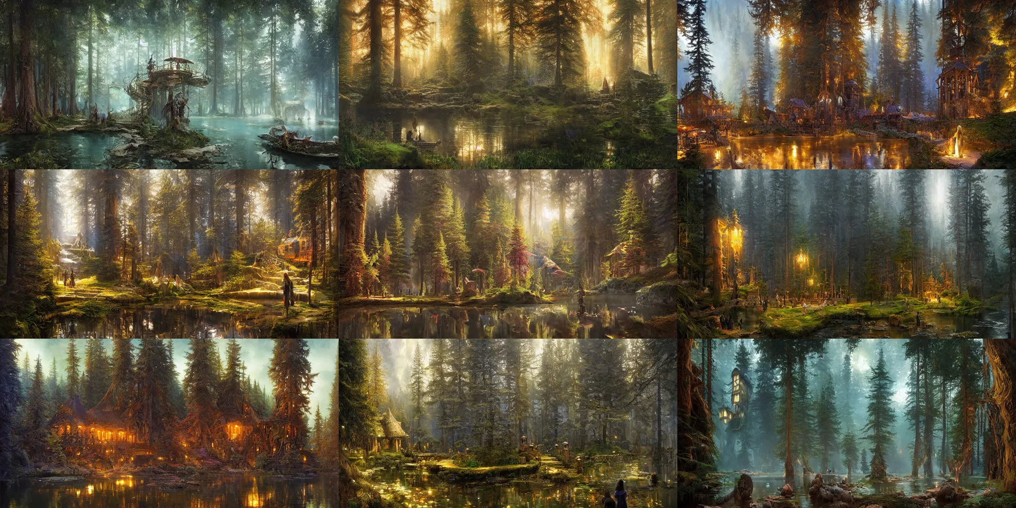 Prompt: school of magic near the lake in coniferous forest, fantasy, highly detailed, intricate, volumetric lighting, digital paining, matte painting, art by finnian macmanus, thomas scholes, donato giancola