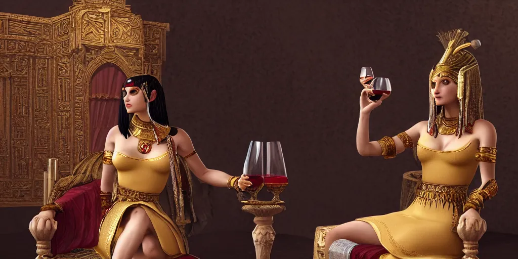 Image similar to Cleopatra drinking wine on her throne, her face is symmetrical hyper-realistic, Unreal Engine, Octane Render, digital art, trending on Artstation, 8k, detailed, atmospheric, immaculate