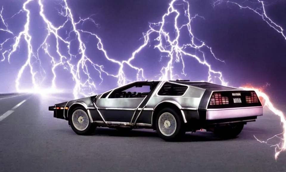 Image similar to scene from back to the future, delorean driving fast, lightning, fire, driving through portal, motion blur