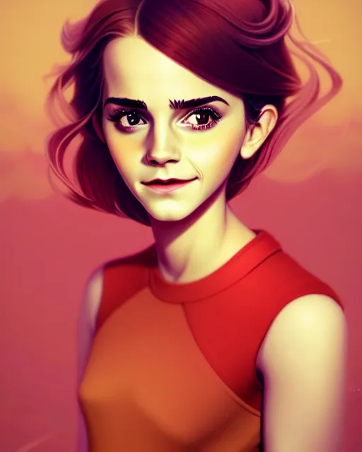 Image similar to a portrait of a beautiful full body Emma Watson smiling, pretty gold and red dress, art by lois van baarle and loish and ross tran and rossdraws and sam yang and samdoesarts and artgerm, digital art, highly detailed, intricate, sharp focus, Trending on Artstation HQ, deviantart, unreal engine 5, 4K UHD image