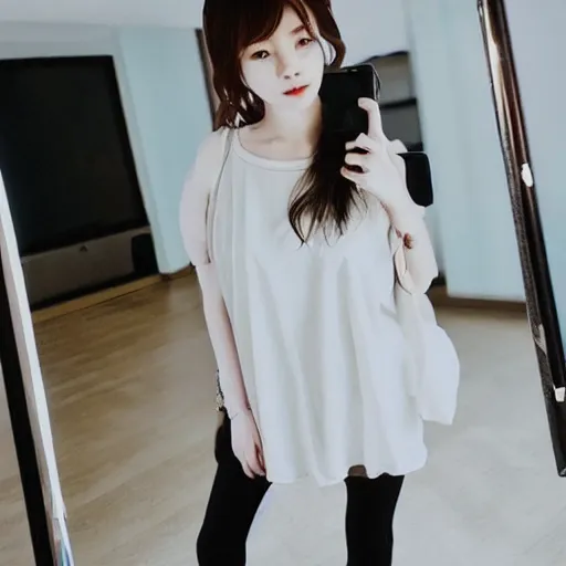 Image similar to korean girl, 2 0 2 2, casual fashion, ulzzang, mirror selfie, pinterest, instagram, unreal engine, curvy, a picture by lu ji, trending on cg society, aestheticism, pretty, lovely, elegant